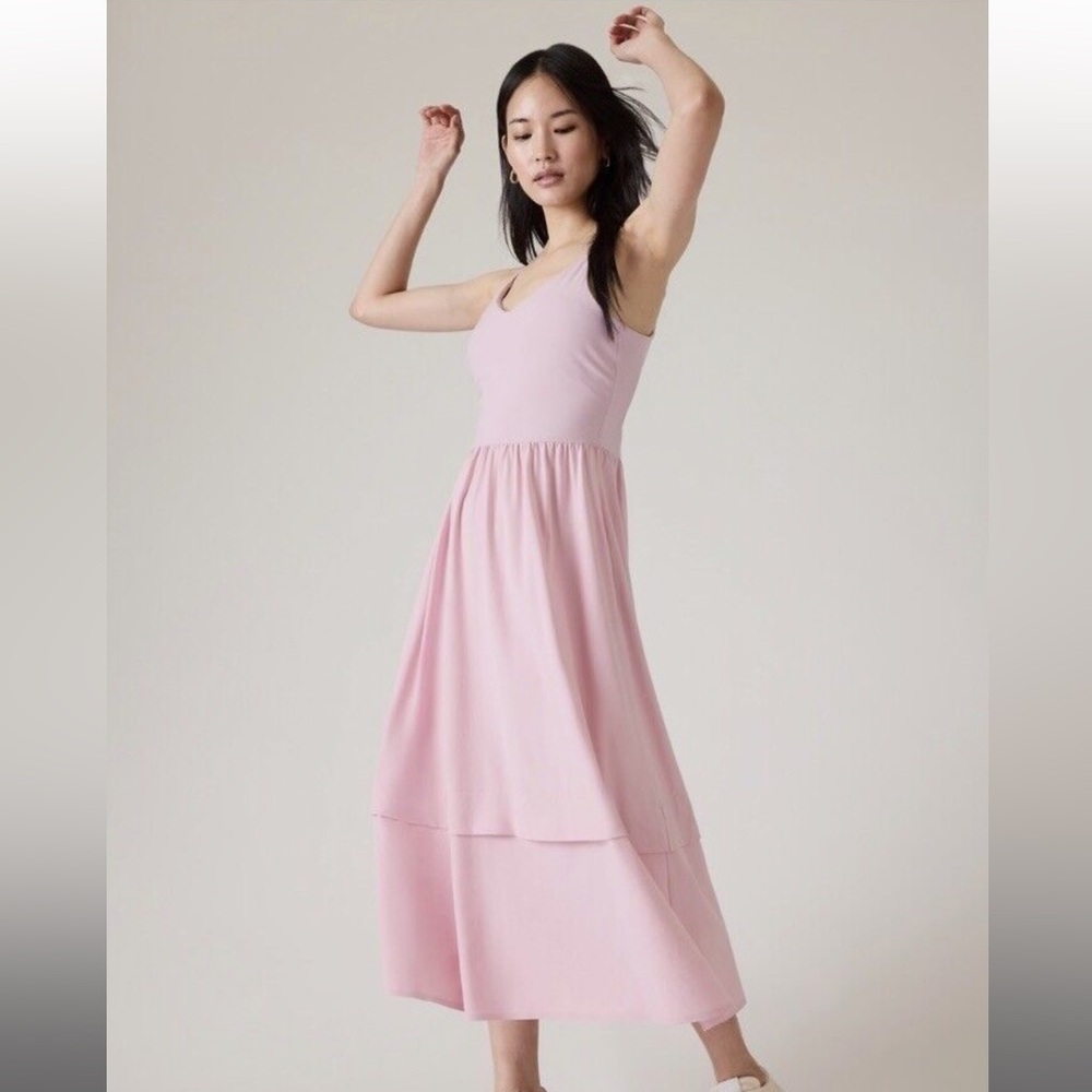 Athleta Elation V-neck Hybrid Dress Soft Begonia Pink Long Sz Small